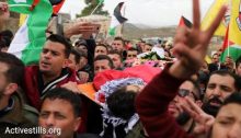 The funeral of Mus'ab a-Sufi, 16, in the village of Deir Nidham, near Nabi Saleh, in the West Bank, January 4, 2018. During the funeral, Muhammad ‘Awad, 19, from the village of ‘Abud, was shot in the head and severely wounded by an Israeli soldier.