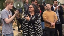 MK Aida Touma-Sliman and draft refuser Saar Yahalom (on the left) at the protest outside the Israeli military induction base on Sunday. At the right, applauding, is Arafat Badarneh, General Secretary of the Young Communist League in Israel.