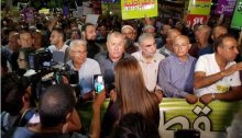 Higher Arab Monitoring Committee Chairman Mohammad Barakeh (fourth from right) during the march against the racist Nation-State Law held Saturday night, August 11, in Tel Aviv
