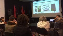 Israeli peace activists, including past and soon-to-be resisters to induction into the military, participate in a phone conversation with Gaza's Great March of Return leader Ahmed Abu Artema at the Hagada Hasmalit, Tel Aviv, December 19, 2018