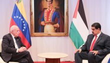 President Nicolas Maduro, right, during his meeting with the Palestinian Minister of Foreign Affairs, Riyad al-Malki, in Caracas, Venezuela