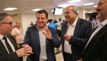 Leading Joint List MKs after submitting their list of candidates to the Knesset's Central Elections Committee, last Thursday, August 1; from left to right: Balad's Mtanes Shehadeh, Hadash's Ayman Odeh, Ta'al's Ahmad Tibi, and Ra'am's Mamsour Abbas