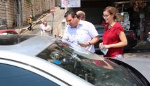 Hadash MK Ayman Odeh and Balad candidate Heba Yazbak, handing out leaflets for the Joint List on Pope Paul VI Street in Nazareth, last weekend