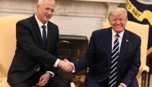 US President Donald Trump meets with Blue & White leader Benny Gantz in the White House in Washington on January 27, 2020, the day before the announcement of the details of the "Deal of the Century."