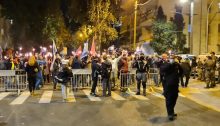 Police barricades block the progress of protesters as they approach the PM's official residence in Jerusalem, Saturday night, December 13, 2020.