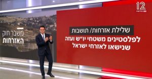 The coalition meeting on the racist "family reunification law" ended with no breakthrough, Channel 12 reported on Monday night. The slide to the right reads: "Denial of citizenship / permanent residence for Palestinians from the Judea, Samaria and Gaza (occupied territories) who are married to citizens of Israel.